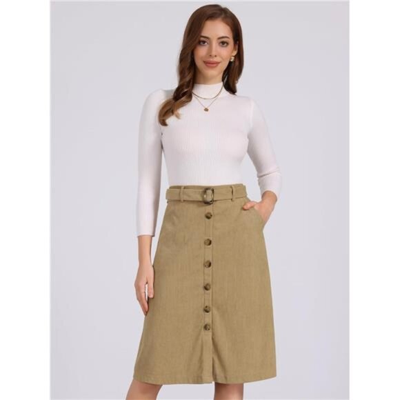 Womens High Waist Button Front A-Line Skirt Khaki - Picture 2 of 5